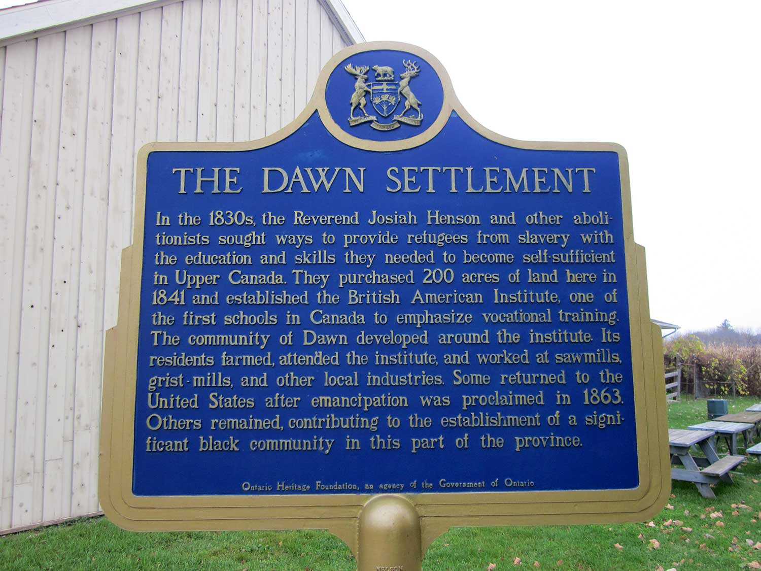Ontario Heritage Trust plaque commemorating the Dawn Settlement